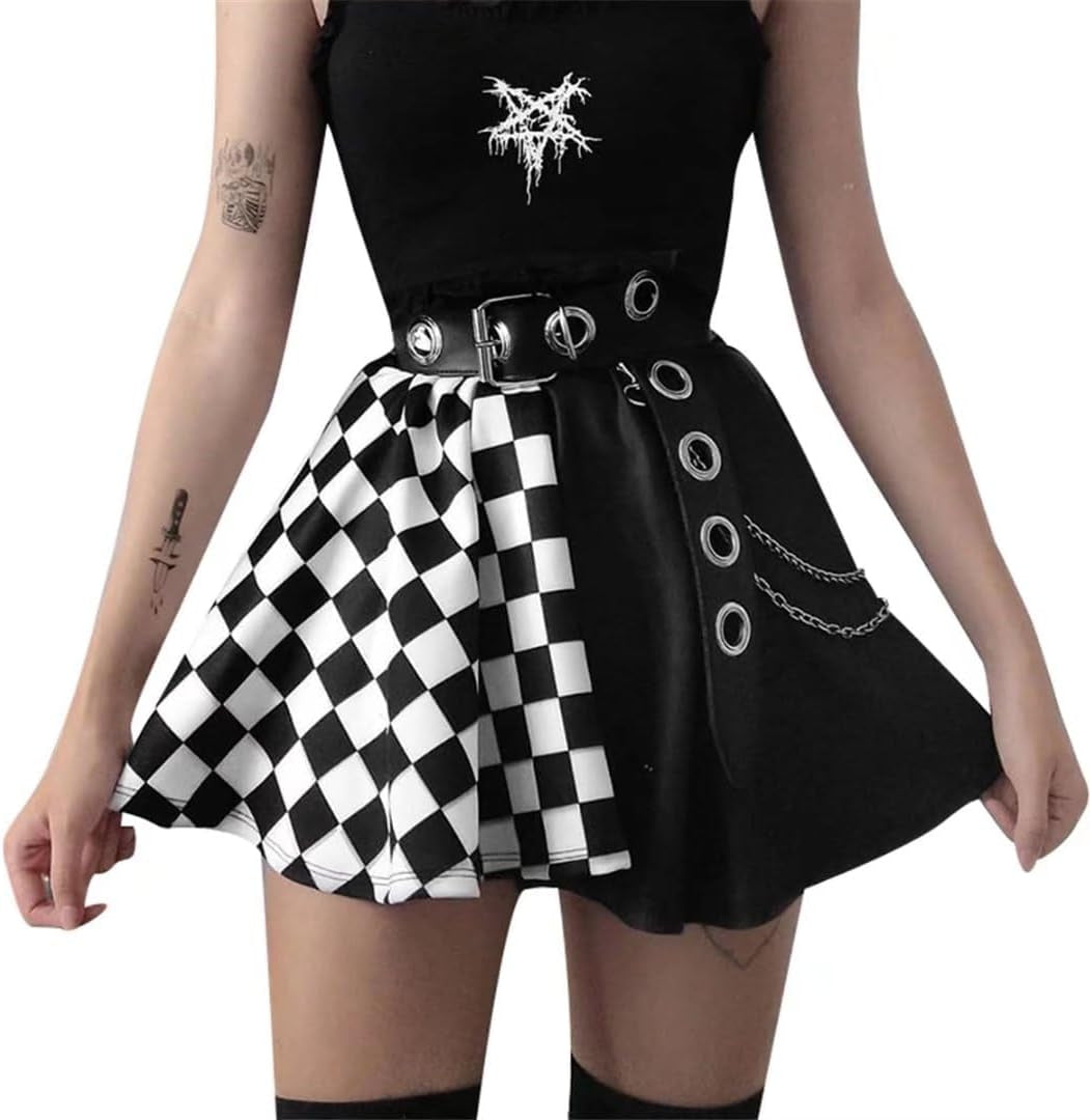 Goth Black Pleated Mini Skirt with Chain High Waisted Tennis Skirt