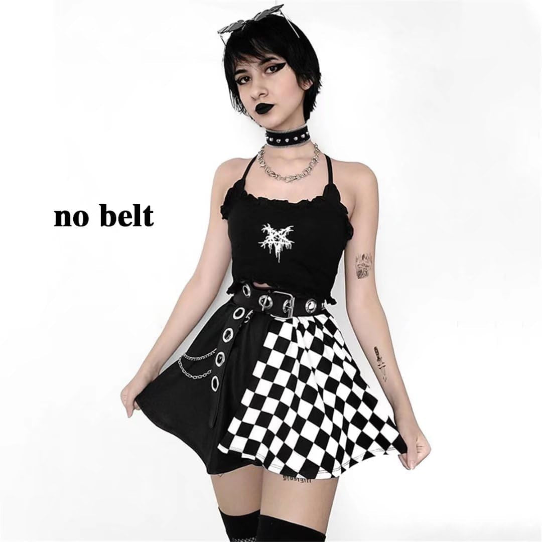 Goth Black Pleated Mini Skirt with Chain High Waisted Tennis Skirt