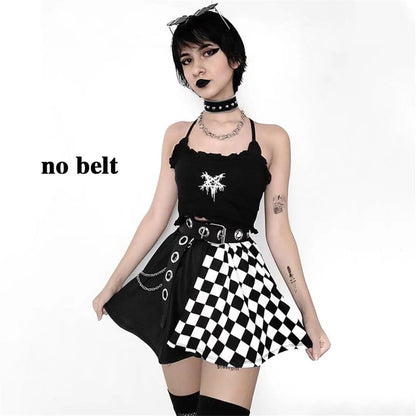 Goth Black Pleated Mini Skirt with Chain High Waisted Tennis Skirt