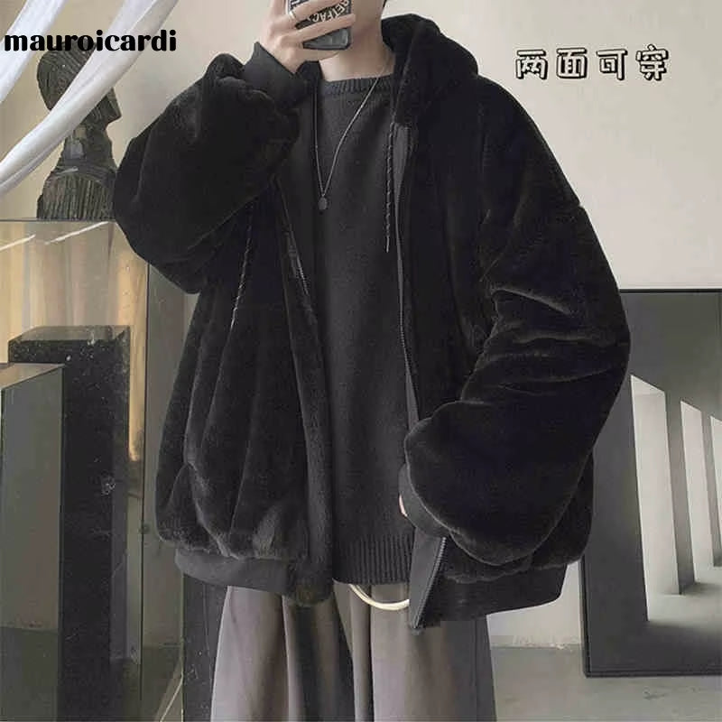Men's Reversible Baggy Black Winter Parka with Fur-Lined Hood and Long Sleeves in Korean Fashion