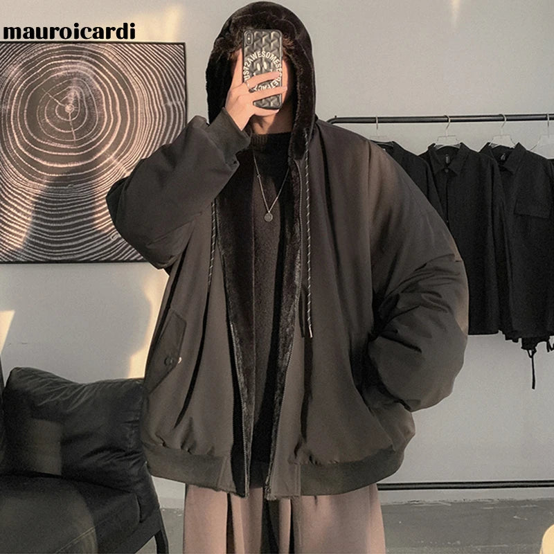 Men's Reversible Baggy Black Winter Parka with Fur-Lined Hood and Long Sleeves in Korean Fashion
