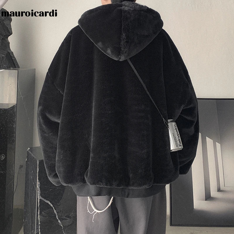 Men's Reversible Baggy Black Winter Parka with Fur-Lined Hood and Long Sleeves in Korean Fashion