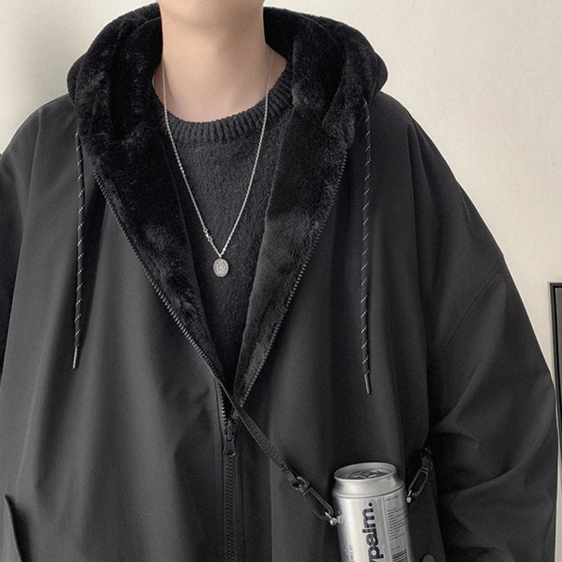 Men's Reversible Baggy Black Winter Parka with Fur-Lined Hood and Long Sleeves in Korean Fashion