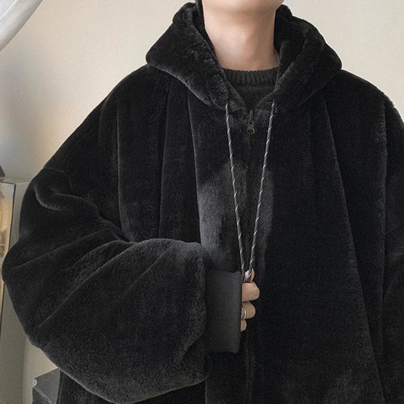 Men's Reversible Baggy Black Winter Parka with Fur-Lined Hood and Long Sleeves in Korean Fashion