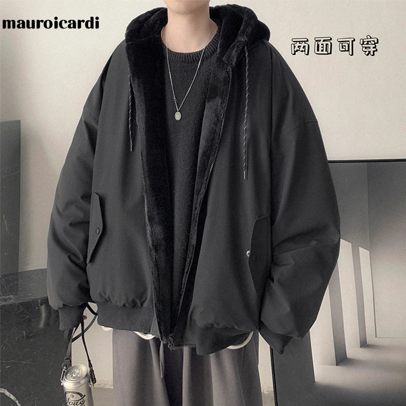 Men's Reversible Baggy Black Winter Parka with Fur-Lined Hood and Long Sleeves in Korean Fashion