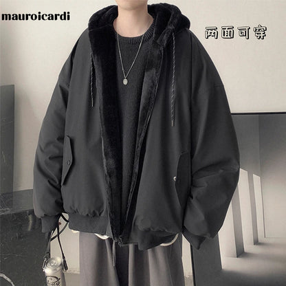 Men's Reversible Baggy Black Winter Parka with Fur-Lined Hood and Long Sleeves in Korean Fashion