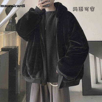 Men's Reversible Baggy Black Winter Parka with Fur-Lined Hood and Long Sleeves in Korean Fashion